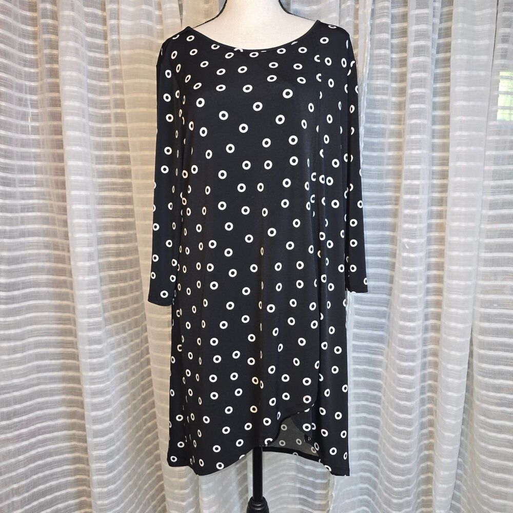 Chicos 3/4 Sleeve Tunic Shift High Low Top Asymmetrical Hem White Circle Size 2